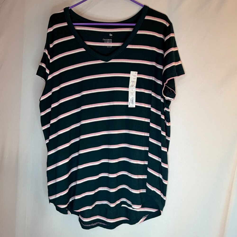 Size 1X SO Favorite V-Neck Striped Short Sleeve T-Shirt NWT Green Pink White